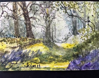Original Watercolor Painting, Forest on a Rainy Day Landscape, Handmade, Hand-Painted (5.5x7.5)