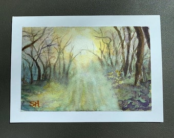 Original Watercolor Card, 5x7, Blank Card, Forest Landscape, Handmade, Hand-Painted