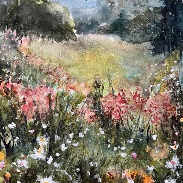 Original Watercolor Painting, Flower Fields Landscape, Handmade, Hand-Painted (7x10.2)