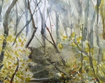 Original Watercolor Painting, Misty Forest Landscape, Handmade, Hand-Painted (6x8)