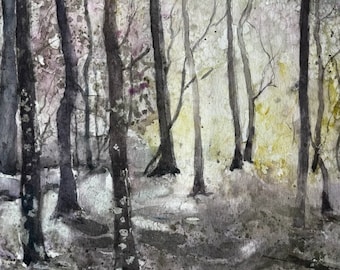 Original Watercolor Painting, Forest in the Dawn, Handmade, Hand-Painted (11x15)