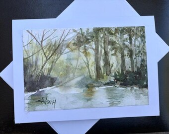 Original Watercolor Card, 5x7, Blank Card, Forest River Landscape, Handmade, Hand-Painted