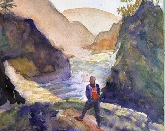 Original Watercolor Painting, A Day at the River Landscape, Handmade, Hand-Painted (7x10.2)