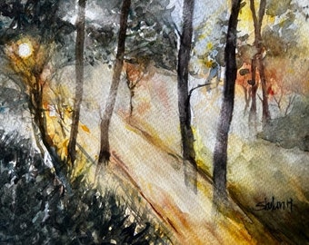 Original Watercolor Painting, Sunrays In The Forest Landscape, Handmade, Hand-Painted (5.75x8.25)