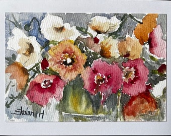 Original Watercolor Card, 5x7, Blank Card, Mixed Flowers, Handmade, Hand-Painted