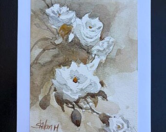 Original Watercolor Card, 5x7, Blank Card, White Roses, Handmade, Hand-Painted