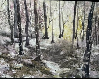 Original Watercolor Painting, Forest in the Dawn Landscape, Handmade, Hand-Painted (11x15)