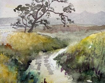 Original Watercolor Painting, Along the River Landscape, Handmade, Hand-Painted (4.9x7)