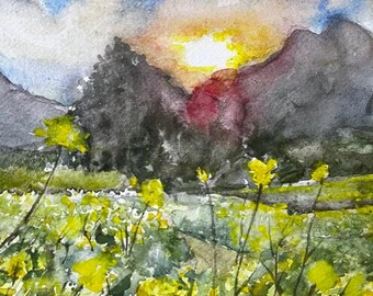 Original Watercolor Painting, Yellow Flower Field Sunset Landscape, Handmade, Hand-Painted (6x6)