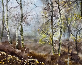 Original Watercolor Painting, Misty Forest Landscape, Handmade, Hand-Painted (10.2x15)