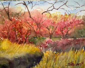 Original Watercolor Painting, Autumn Trees Landscape, Handmade, Hand-Painted (4.9x7)
