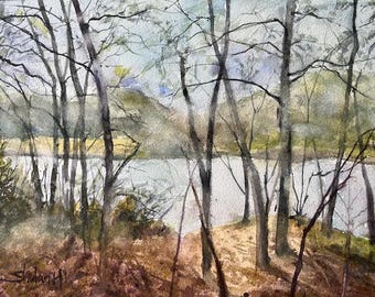 Original Watercolor Painting, Rainy Day by the River Landscape, Handmade, Hand-Painted (10.2x14.1)