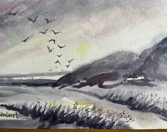 Original Watercolor Painting, Beach Landscape, Handmade, Hand-Painted (5x7)