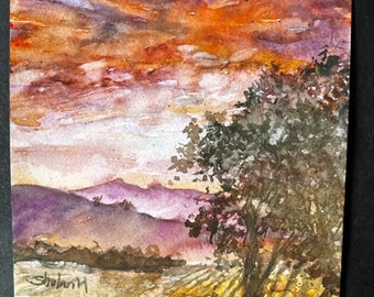 Original Watercolor Painting, Sunset Landscape, Handmade, Hand-Painted (6x6)