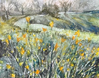 Original Watercolor Painting, Yellow Wildflowers Landscape, Handmade, Hand-Painted (6x6)