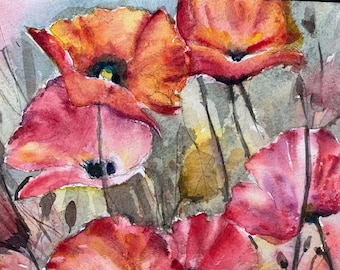 Original Watercolor Painting, Poppy Flowers Watercolor, Handmade, Hand-Painted (7x10.2)