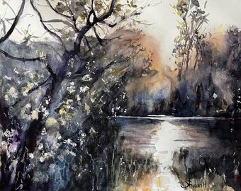 Original Watercolor Painting, "Misty Lake at Dawn" Landscape, Handmade, Hand-Painted (11x15)