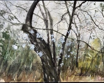 Original Watercolor Painting, Lone Tree Landscape, Handmade, Hand-Painted (7x10.2)