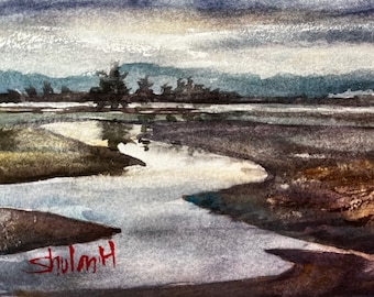 Original Watercolor Painting, River Landscape, Handmade, Hand-Painted (4.9x7)