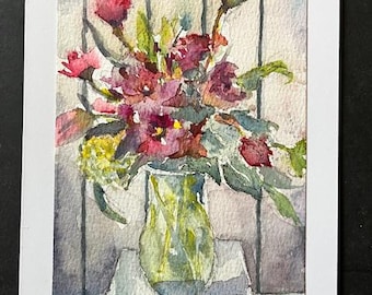 Original Watercolor Card, 5x7, Blank Card, Vase of Flowers, Handmade, Hand-Painted