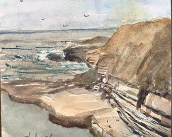 Original Watercolor Painting, Rocky Beach Landscape, Handmade, Hand-Painted (6x6)