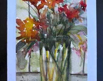 Original Watercolor Card, 5x7, Blank Card, Flowers In Vase, Handmade, Hand-Painted