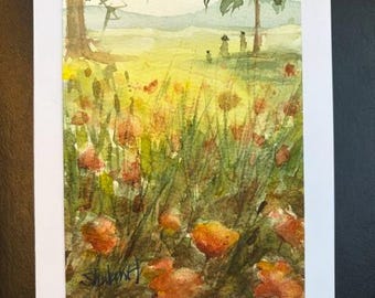 Original Watercolor Card, 5x7, Blank Card, Wildflowers Landscape, Handmade, Hand-Painted