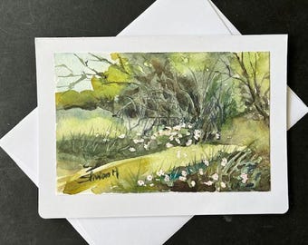 Original Watercolor Card, 5x7, Blank Card, Forest Landscape, Handmade, Hand-Painted