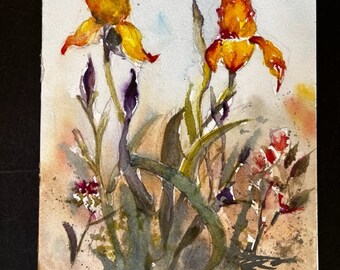 Original Watercolor Painting, Yellow Iris, Handmade, Hand-Painted (7x10.2)