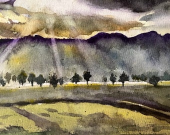 Original Watercolor Painting, Dawn Landscape, Handmade, Hand-Painted (7x10.2)