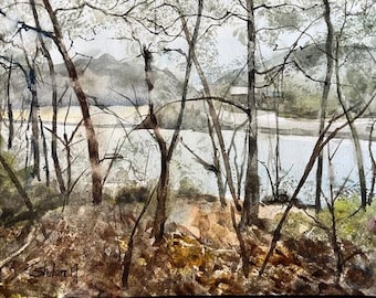 Original Watercolor Painting, Rainy Day by the River Landscape, Handmade, Hand-Painted (9x12)