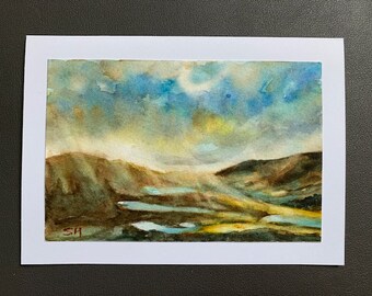 Original Watercolor Card, 5x7, Blank Card, Mountain Landscape, Handmade, Hand-Painted