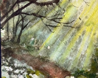 Original Watercolor Painting, Sun Rays in Forest Landscape, Handmade, Hand-Painted (4.9x7)