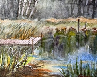 Original Watercolor Painting, Serene Pond Landscape, Handmade, Hand-Painted (6x8)
