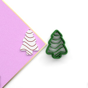 May include: A green plastic Christmas tree cookie cutter with a wavy design. The cutter is on a white surface. A white Christmas tree with red wavy lines is shown in the background.