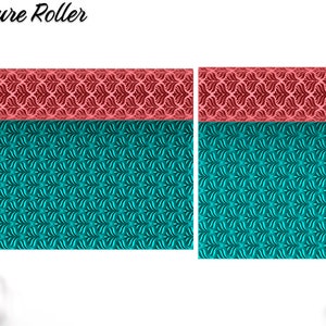 Puede incluir: Un rodillo de textura impreso en 3D con un diseño turquesa y rosa. El rodillo está diseñado para crear un patrón repetitivo en fondant, arcilla u otros materiales.