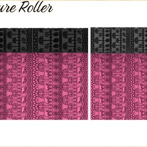May include: A 3D printed texture roller with a black and pink geometric pattern. The roller is designed to create a repeating pattern on fondant, clay, or other craft materials. The roller is labeled "Texture Roller".