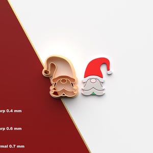 May include: Two 3D printed cookie cutters shaped like gnomes. One gnome is wearing a red hat and the other is wearing a brown hat. Both gnomes have white beards and noses.