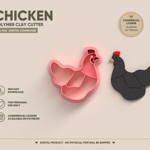 Puede incluir: Un cortador de arcilla polimérica con forma de pollo en color rosa y una figura de pollo negra. La imagen incluye el texto: CHICKEN POLYMER CLAY CUTTER, STL FILE - DIGITAL DOWNLOAD, INSTANT DOWNLOAD, FOR PERSONAL USE ONLY, COMMERCIAL LICENSE AVAILABLE ON PATREON.