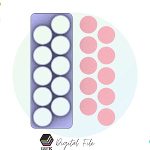 May include: A purple pop-it fidget toy with 12 circles, 6 on each side. The circles on the left side are white and the circles on the right side are pink.