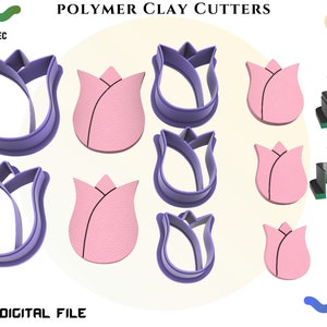 K&ouml;nnte beinhalten: Satz mit acht Polymer Clay Cuttern in Tulpenform. Die Cutter sind in zwei Ausf&uuml;hrungen erh&auml;ltlich: Doppelwand und normal. Die Cutter sind lila und rosa.