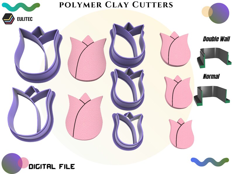 K&ouml;nnte beinhalten: Satz mit acht Polymer Clay Cuttern in Tulpenform. Die Cutter sind in zwei Ausf&uuml;hrungen erh&auml;ltlich: Doppelwand und normal. Die Cutter sind lila und rosa.