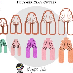 May include: A set of six polymer clay cutters in the shape of an arch with a fan-like design. The cutters are shown in different colours, including green, pink, purple, and orange. The image also includes the text "POLYMER CLAY CUTTER" and "STL FILE".