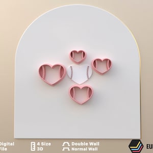 Polymer clay cutter to make Baseball lover heart shapes in 4 sizes and 2 cutting versions / Digital File .STL * File to use in a 3D printer
