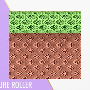 Puede incluir: Un rodillo de textura impreso en 3D con un diseño de patrón verde y marrón. El rodillo está diseñado para crear un patrón en relieve en fondant, arcilla u otras manualidades.