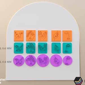 Puede incluir: Un conjunto de 12 diseños de arte de pared que presentan dibujos de líneas abstractas de caras con elementos florales. Los diseños se muestran en dos tamaños diferentes, con un grosor de pared de 0,6 mm y un grosor de pared de 0,4 mm. Los diseños se muestran en naranja, turquesa y morado.