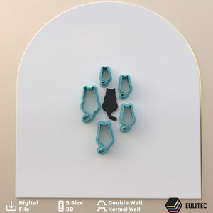 May include: Set of six blue cat-shaped cookie cutters, including one black cat cookie cutter in the center.