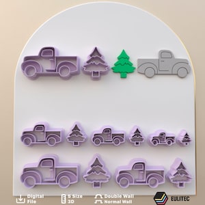 以下が含まれることがあります： ピックアップトラックとクリスマスツリーをモチーフにした、さまざまなサイズのクッキー型5個セット。クッキー型は紫色のプラスチック製で、白い背景にディスプレイされています。