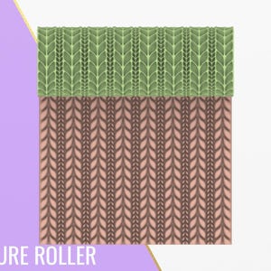 May include: A 3D printed texture roller with a green and brown pattern. The roller is designed to create a knitted fabric effect on fondant, clay, or other crafts.