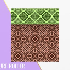 Puede incluir: Un rodillo de textura con un patrón floral repetitivo. La sección superior es de color verde claro y la inferior es de color marrón rojizo. El rodillo está diseñado con un diseño floral simétrico. El texto "TEXTURE ROLLER" está en la parte inferior.